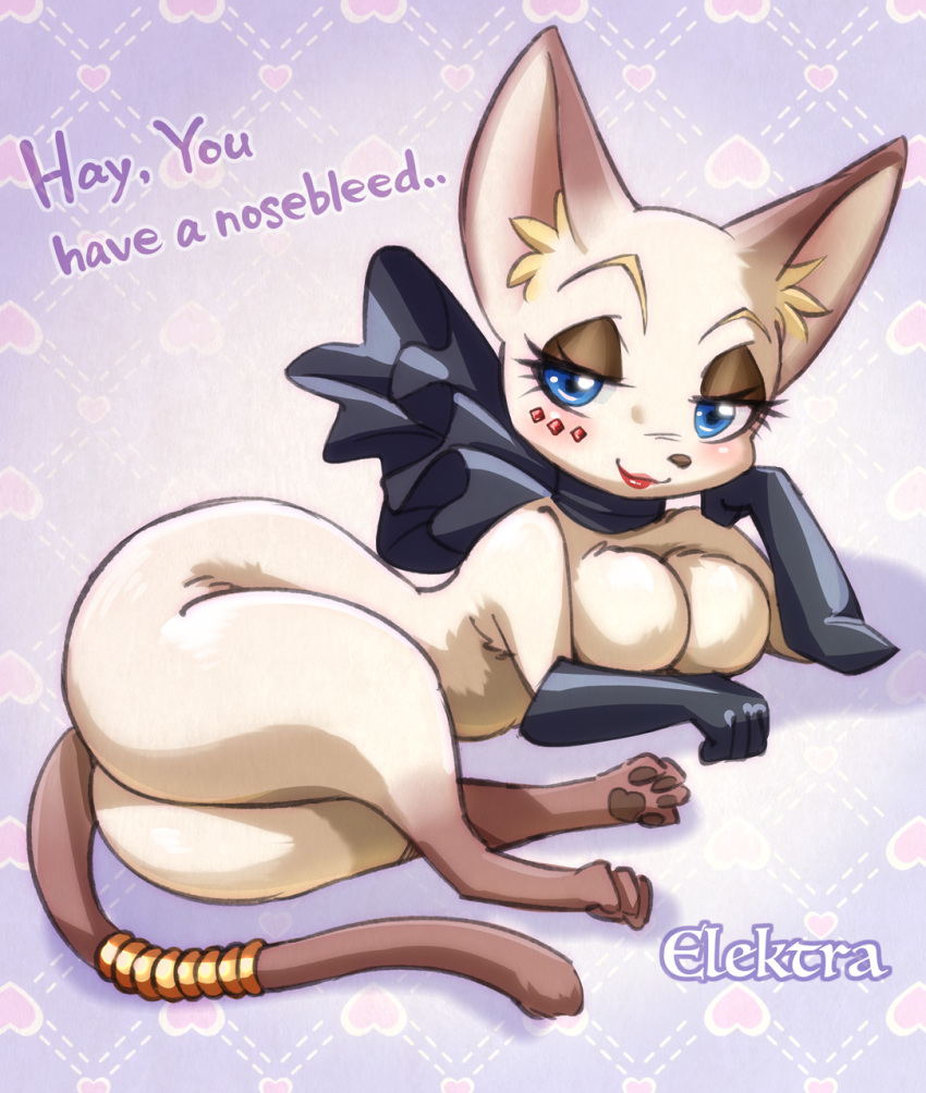 abstract_background accessory armwear big_breasts blue_eyes blush breasts brown_body brown_fur busty_feral clothed clothed_feral clothing elbow_gloves elektra_(melonleaf) english_text eyelashes eyeshadow facial_jewelry featureless_breasts felid feline female feral fur furgonomics gloves half-closed_eyes handwear hi_res jewelry leg_markings lipstick makeup mammal markings melonleaf narrowed_eyes neck_ribbon red_lipstick ribbons semi-anthro small_waist smile smirk socks_(marking) solo tail tail_accessory tail_jewelry text white_body white_fur wide_hips