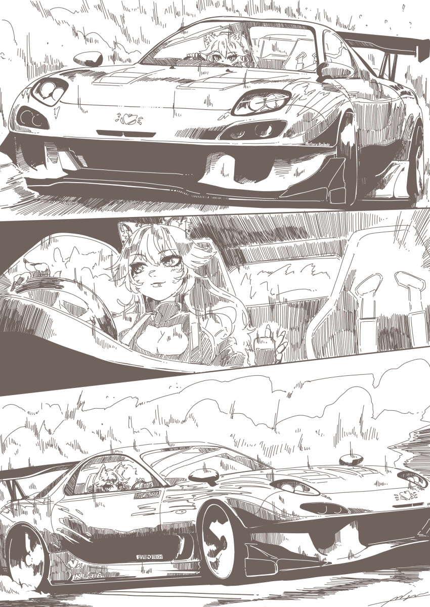 1girl absurdres animal_ear_fluff animal_ears breasts car cleavage cleavage_cutout clothing_cutout commission drifting driving english_commentary highres indie_virtual_youtuber long_hair looking_to_the_side mazda mazda_rx-7 mazda_rx-7_fd medium_breasts mizukiri_fuurai motor_vehicle second-party_source skeb_commission smile smoke spoiler_(automobile) sports_car vehicle_focus virtual_youtuber whimz