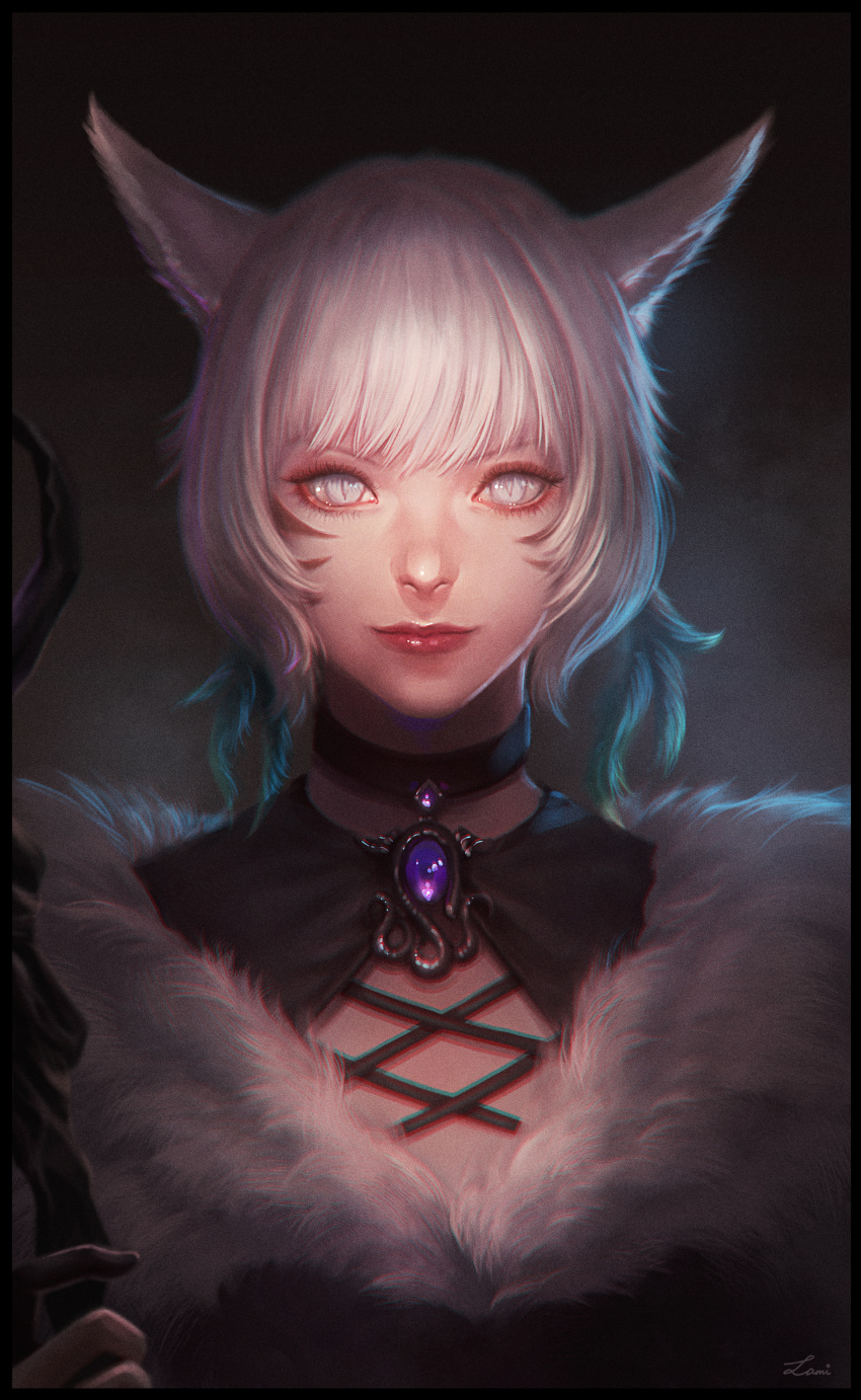 1girl absurdres animal_ears black_border black_choker border brooch cat_ears choker facial_mark feather_hair_ornament feathers final_fantasy final_fantasy_xiv fur_trim gem grey_background hair_ornament highres holding holding_staff jewelry light_smile looking_at_viewer mil4 miqo'te portrait purple_gemstone realistic short_hair signature slit_pupils solo staff straight-on white_eyes white_hair y'shtola_rhul