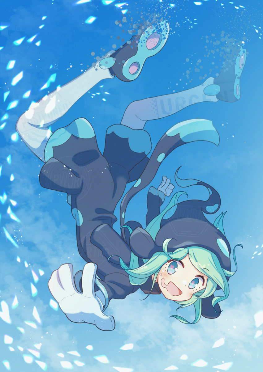1boy black_footwear black_headwear black_robe black_scarf blue_background blue_eyes drooling ecolo_(puyopuyo) gloves highres jazz_grace long_hair male_focus mouth_drool open_mouth outstretched_arms pantyhose puyopuyo puyopuyo_7 robe scarf solo spread_arms unusual_ecolo white_gloves white_pantyhose