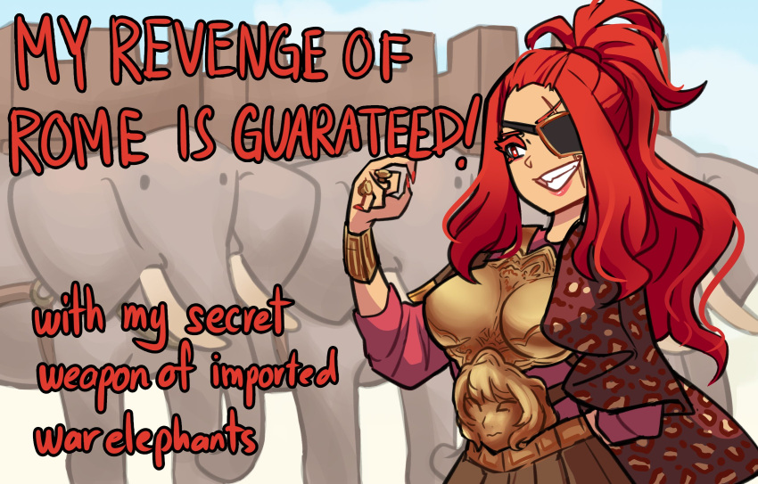 1girl animal_print armor breastplate centurii-chan_(artist) colored_eyelashes commentary elephant english_commentary english_text eyepatch grin hannibal_(centurii-chan) highres jewelry leopard_print lips long_hair long_sleeves one_eye_covered open_mouth original ponytail purple_robe red_eyes red_hair red_nails ring robe scar scar_across_eye smile solo swept_bangs