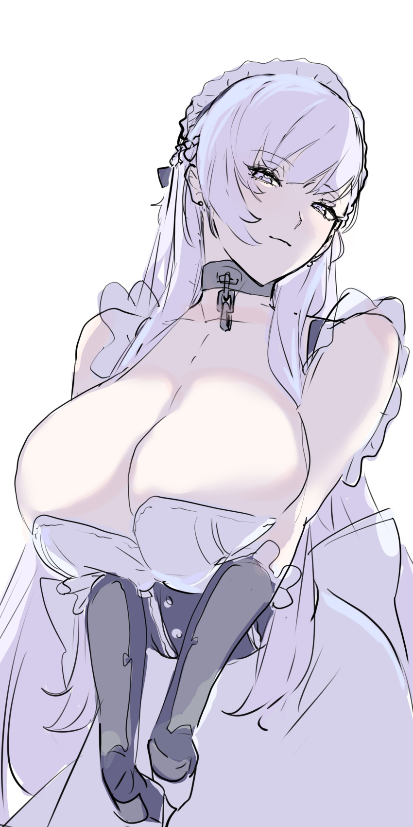 1girl absurdres azur_lane belfast_(azur_lane) blue_eyes breasts chain choker cleavage collarbone eyebrows_hidden_by_hair gauntlets hair_between_eyes highres large_breasts long_hair looking_at_viewer maid maid_headdress mogi_yasunobu shaded_face simple_background solo swept_bangs white_background white_hair