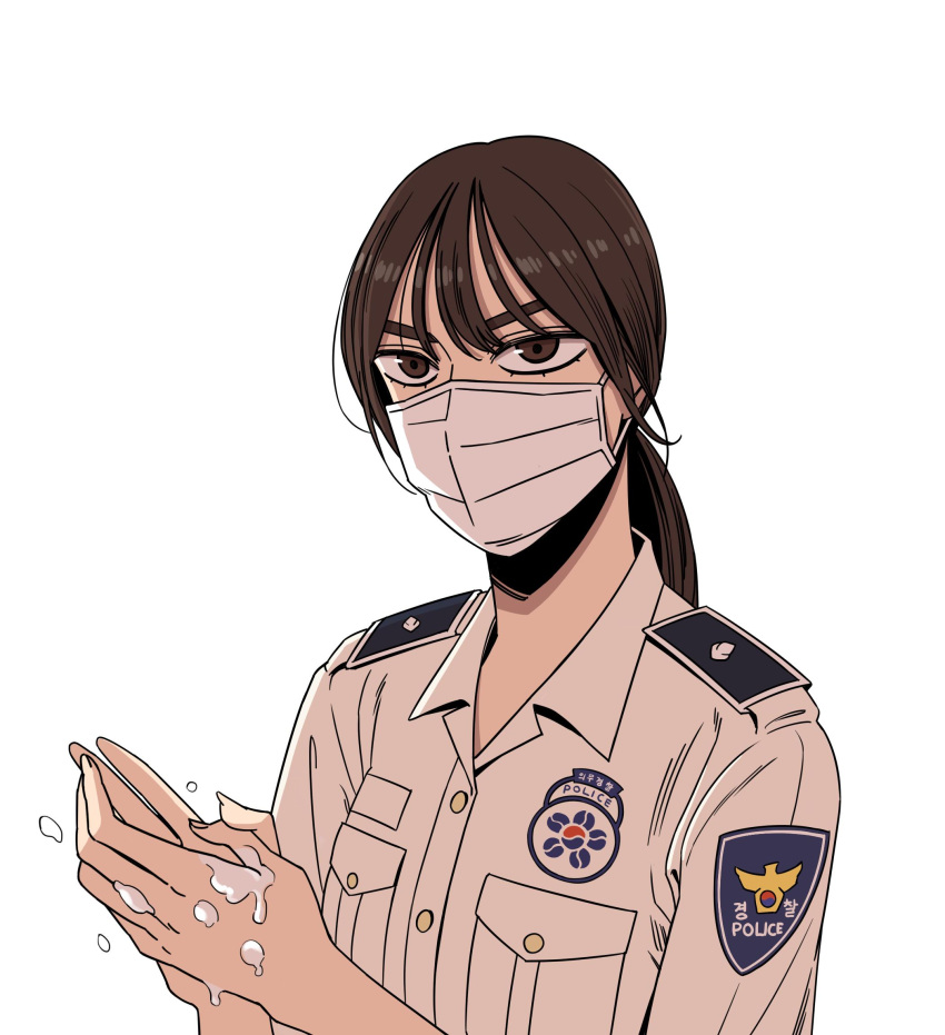 1girl beautiful_gunbari brown_eyes coronavirus_pandemic highres long_hair mask mouth_mask own_hands_together police police_uniform policewoman ponytail ryu_da-hee ryudahee_(ypjf4427) shirt solo thick_eyebrows uniform washing_hands white_background white_shirt