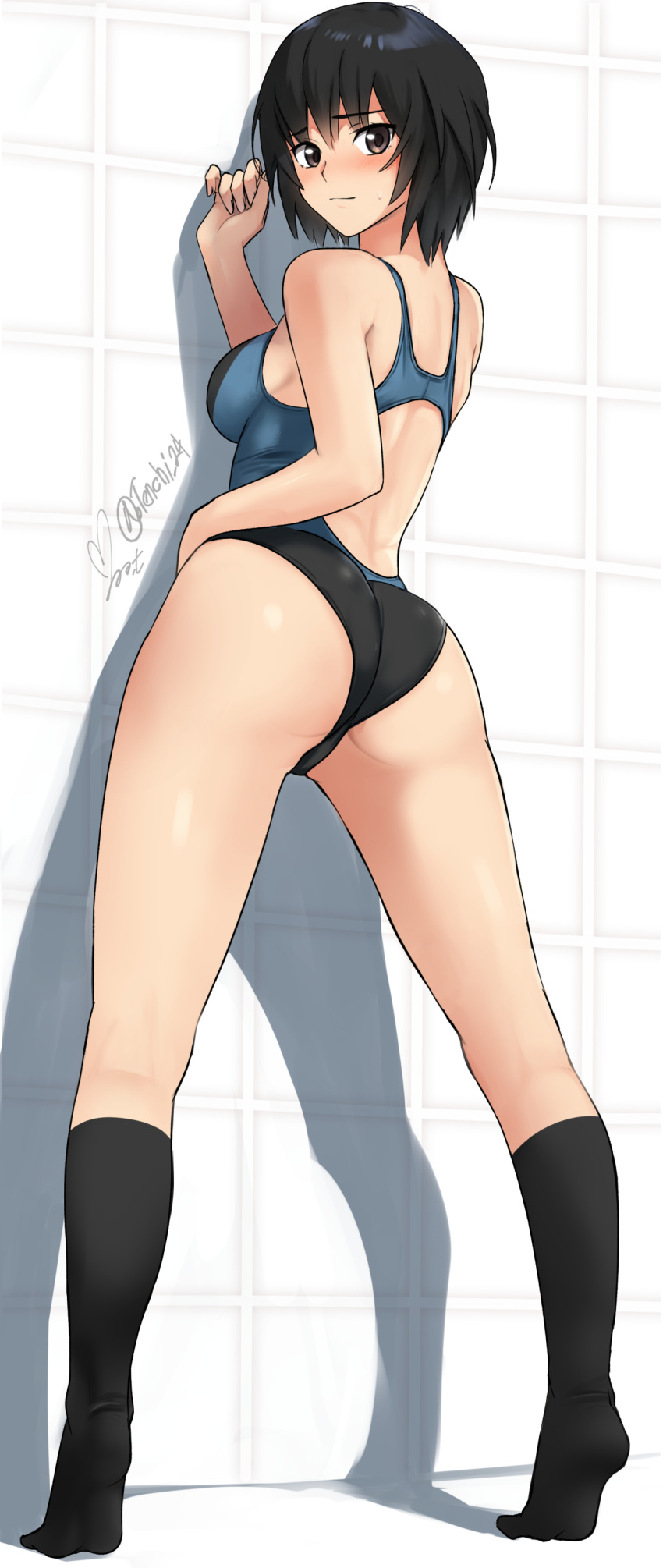 1girl absurdres amagami ass black_hair black_one-piece_swimsuit black_socks breasts brown_eyes commentary competition_swimsuit from_behind full_body highres kneehighs looking_at_viewer looking_back medium_breasts nanasaki_ai one-piece_swimsuit racerback revision short_hair signature socks solo swimsuit twitter_username two-tone_swimsuit yoo_tenchi