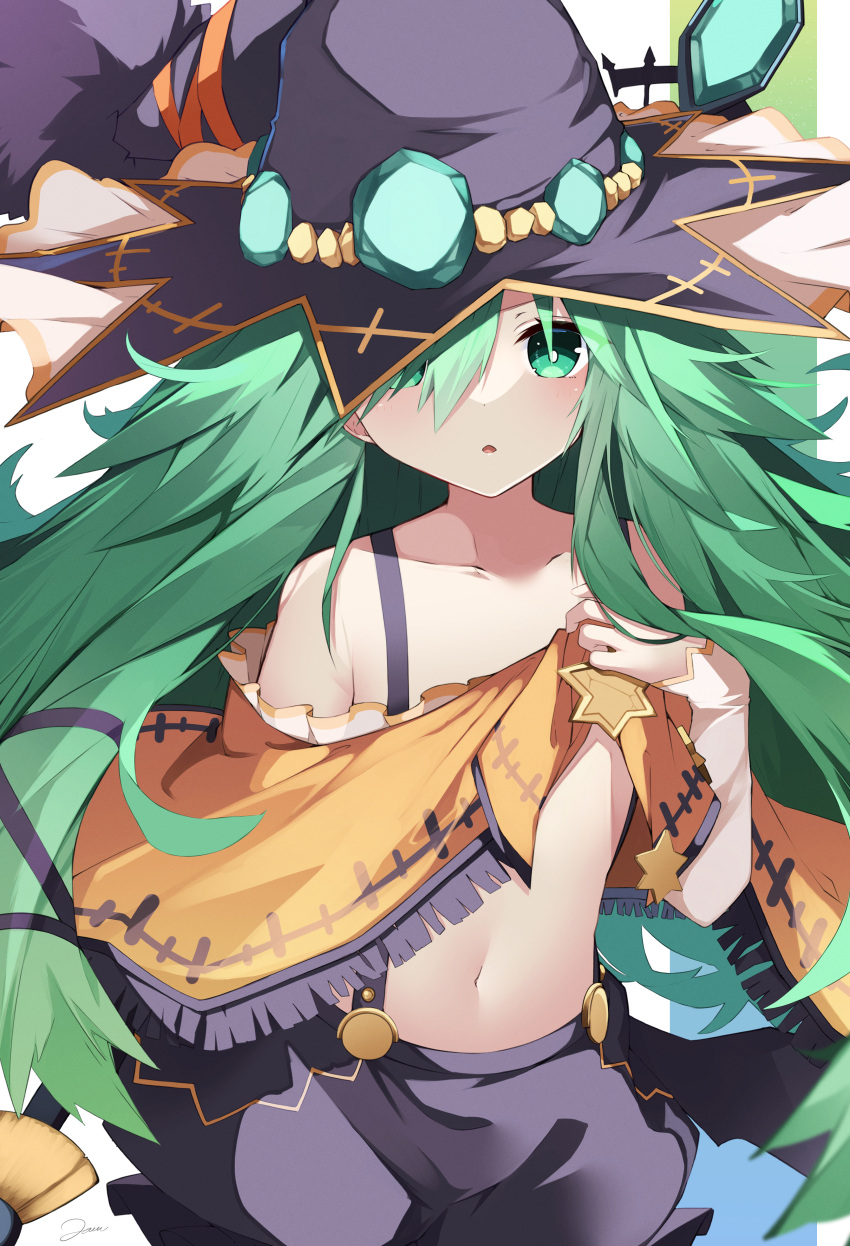 1girl absurdres arm_behind_back black_skirt blush broom commentary_request crop_top date_a_live expressionless gem green_eyes green_gemstone grey_hair hair_over_one_eye hand_up hat highres holding holding_broom jam_(jamjam777) lifted_by_self long_hair looking_at_viewer messy_hair midriff natsumi_(date_a_live) navel open_mouth poncho skirt skort solo star_(symbol) staring suspender_skirt suspenders very_long_hair witch witch_hat