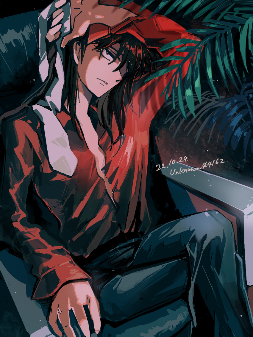 1boy black_pants chair closed_mouth collared_shirt commentary_request crossed_legs dated feet_out_of_frame hair_over_one_eye highres holding_necktie ichijou_seiya kaiji long_bangs long_hair long_sleeves looking_at_viewer male_focus necktie office_chair pants red_eyes red_hair red_shirt shirt solo swivel_chair unknown03162 white_necktie