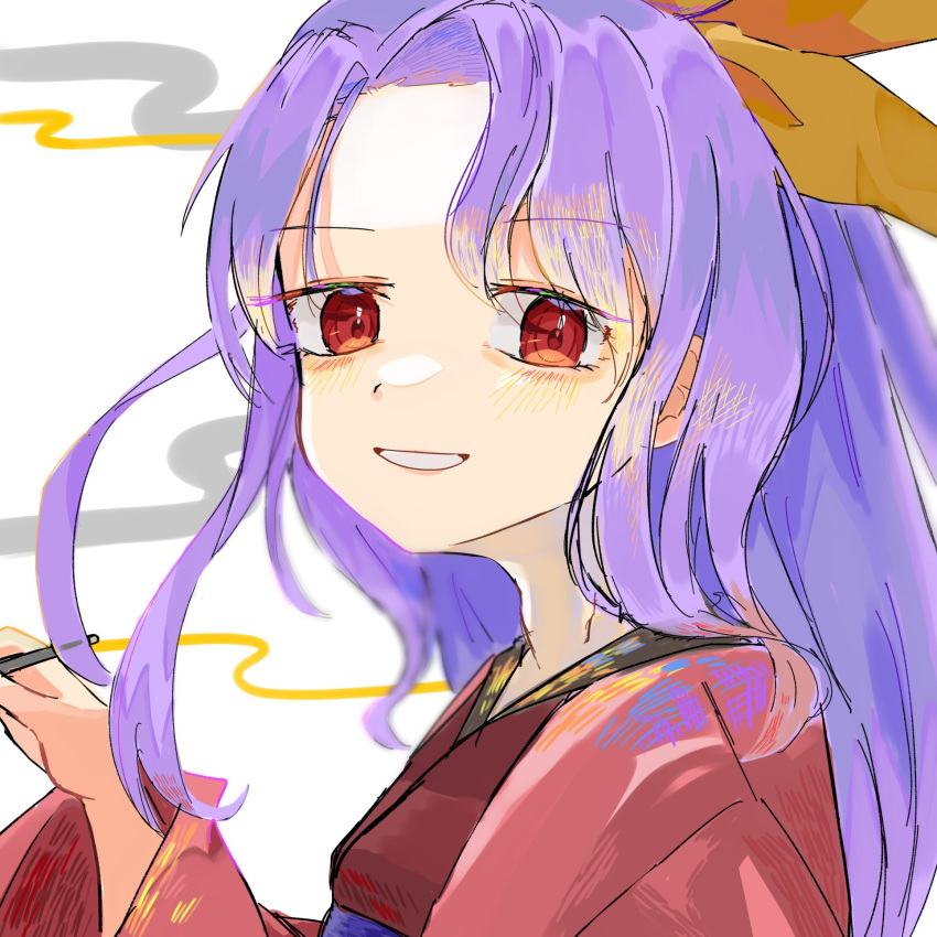 1girl chokomaron highres holding holding_smoking_pipe japanese_clothes kimono komakusa_sannyo looking_at_viewer ponytail purple_hair red_eyes smile smoking_pipe solo touhou upper_body