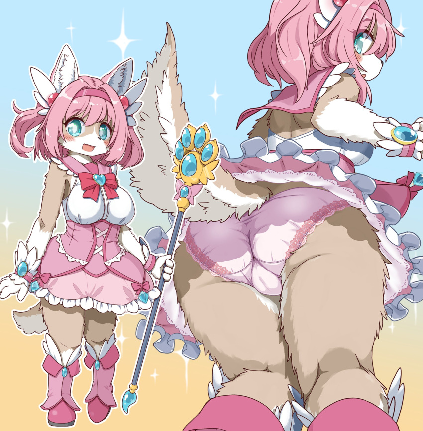 2023 anthro blue_eyes blush breasts butt camel_toe canid canine canis clothed clothing countershading digital_media_(artwork) female female_anthro fluffy footwear fur hair hi_res kemono koorinezumi looking_at_viewer looking_back looking_back_at_viewer magical_girl_outfit mammal multicolored_body multicolored_fur multiple_images panties pink_hair solo staff tail tail_under_skirt tan_body tan_fur two_tone_body two_tone_fur underwear upskirt white_body white_fur wolf