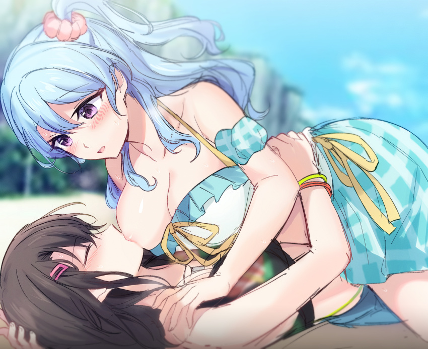 2girls :d aoiro_050 aqua_hair bang_dream! bare_shoulders blurry blurry_background breast_sucking breasts brown_hair closed_eyes collarbone fingernails girl_on_top hair_between_eyes hair_ornament hairclip hand_on_another's_shoulder highres hug large_breasts long_hair looking_down lying matsubara_kanon multiple_girls okusawa_misaki on_back outdoors scrunchie side_ponytail smile sweat sweatdrop yuri