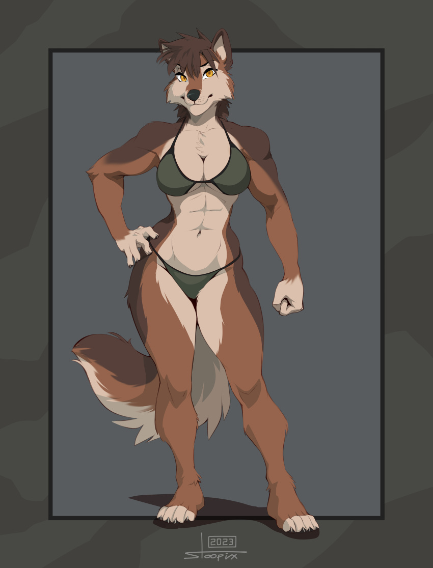 abs absurd_res anthro athletic athletic_female bikini breasts canid canine canis cleavage clothed clothing female grizzlygus hand_on_hip hi_res mammal pinup pose sierra_howlett solo stoopix swimwear tomboy wolf