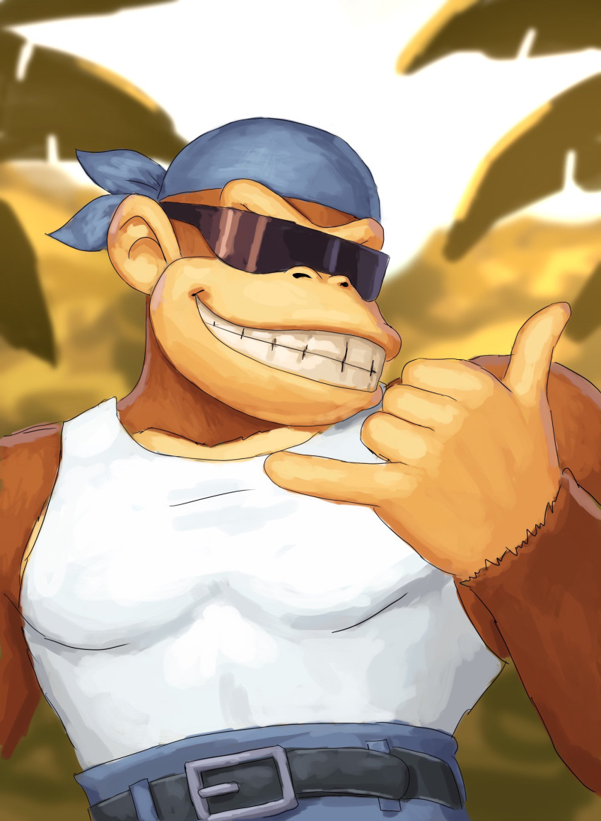 2022 5_fingers anthro ape bandanna belt bottomwear brown_body brown_fur clothed clothing denim denim_clothing donkey_kong_(series) eyewear fingers funky_kong fur gesture gorilla haplorhine hi_res jeans kerchief male mammal muscular muscular_male nintendo outside pants pecs primate redustheriotact shaka shirt smile solo sunglasses tank_top topwear