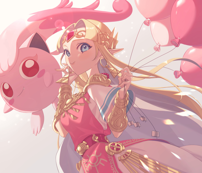 1girl armor balloon belt blonde_hair blue_eyes dress earrings gold_trim highres holding holding_balloon jewelry jigglypuff long_hair looking_at_viewer miri_(cherryjelly) multicolored_clothes multicolored_dress pink_dress pointy_ears pokemon pokemon_(creature) princess_zelda red_eyes shawl short_sleeves shoulder_armor smile sunlight super_smash_bros. the_legend_of_zelda tiara triforce upper_body white_dress white_shawl