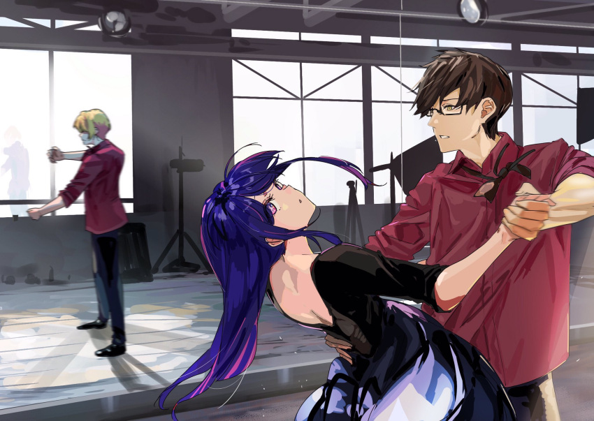 1girl 2boys amamiya_gorou black_dress black_hair black_pants blonde_hair brown_eyes dancing dress funi_mu9 glasses highres hoshino_ai_(oshi_no_ko) hoshino_aquamarine mirror multiple_boys oshi_no_ko pants purple_eyes purple_hair red_shirt reincarnation semi-rimless_eyewear shirt star-shaped_pupils star_(symbol) star_in_eye symbol-shaped_pupils symbol_in_eye