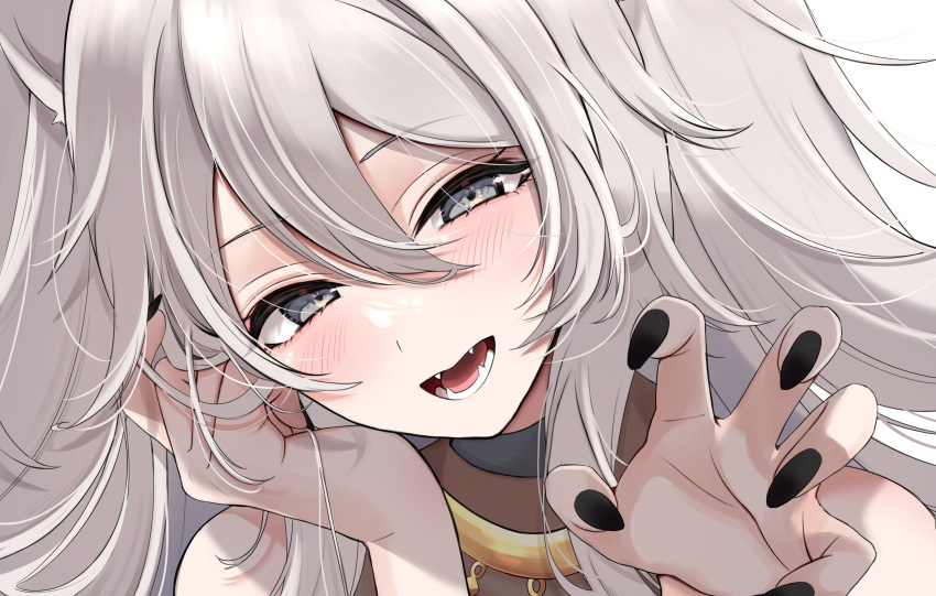 1girl absurdres animal_ears black_nails blush claw_pose commentary double-parted_bangs fangs fingernails grey_eyes grey_hair hair_between_eyes half-closed_eyes halterneck head_on_hand head_tilt highres hololive lion_ears lion_girl long_hair looking_at_viewer multiple_girls nail_polish nerorigogo open_mouth see-through shishiro_botan shishiro_botan_(1st_costume) simple_background solo swept_bangs teeth tongue virtual_youtuber white_background