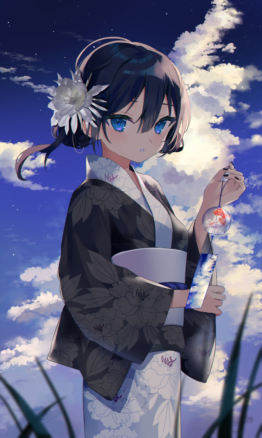 1girl absurdres black_hair blue_eyes blush cloud cowboy_shot floral_print flower gradient_sky hair_bun hair_flower hair_ornament highres holding_wind_chime long_sleeves looking_at_viewer obi original outdoors parted_lips sash short_hair sinobi_illust sky solo star_(sky) starry_sky two-tone_kimono white_flower wind_chime