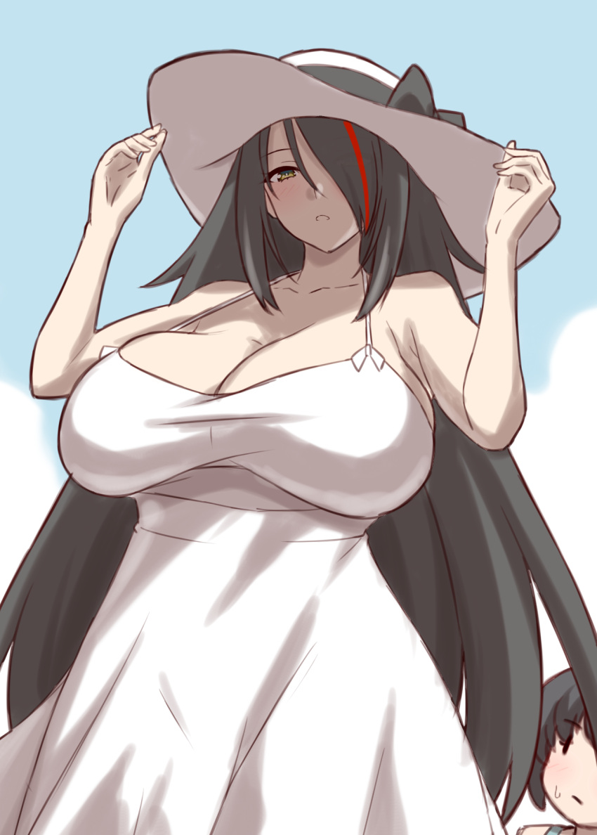 1boy 1girl 2ch bare_shoulders black_hair breasts brown_eyes cleavage collarbone dress guriguri_(arayotto4351) hair_over_one_eye hasshaku-sama hat highres huge_breasts long_hair looking_at_viewer multicolored_hair original red_hair short_hair streaked_hair sun_hat sundress tall_female white_dress white_headwear