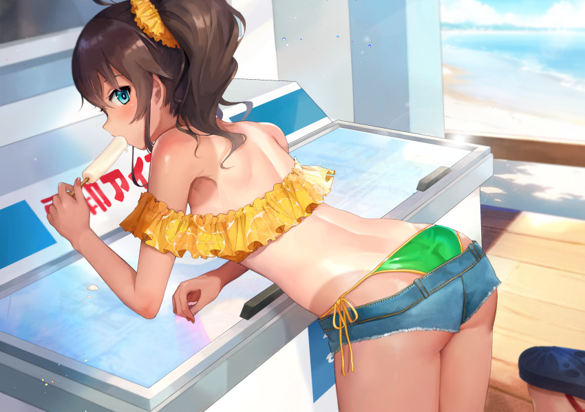 1girl aqua_eyes back beach bikini brown_hair denim denim_shorts food freezer frilled_bikini frills hair_ornament hair_scrunchie highres hololive looking_at_viewer looking_back natsuiro_matsuri nelly_(altsarespicy) off-shoulder_bikini off_shoulder popsicle sandals scrunchie short_shorts shorts side_ponytail solo swimsuit tan tanlines virtual_youtuber