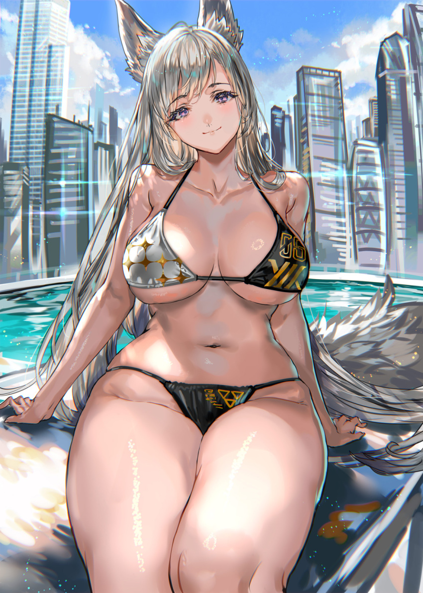 1girl animal_ears bikini blush breasts cleavage closed_mouth collarbone commentary_request grey_hair highres large_breasts long_hair looking_at_viewer navel original outdoors pool purple_eyes ran'ou_(tamago_no_kimi) sitting smile solo stomach swimsuit tail thighs two-tone_bikini underboob water
