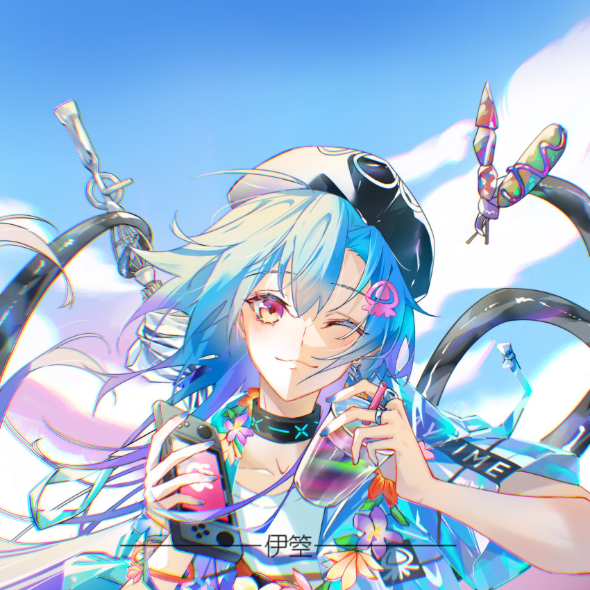 1boy arknights beret black_headwear blue_hair blue_jacket blue_nails blue_sky collarbone commentary_request cup day disposable_cup drinking_straw hair_between_eyes hair_ornament handheld_game_console hat head_tilt highres holding holding_cup jacket long_hair looking_at_viewer male_focus mizuki_(arknights) mizuki_(summer_feast)_(arknights) nail_polish official_alternate_costume open_clothes open_jacket outdoors purple_eyes shirt short_sleeves sky solo tentacles upper_body white_shirt wqzy380