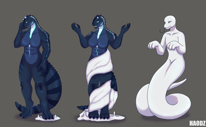 anthro canid canine canis dinosaur female fluffy haodz hi_res latex mammal mask reptile scalie snak snake solo transformation transfurmations transfurs wolf