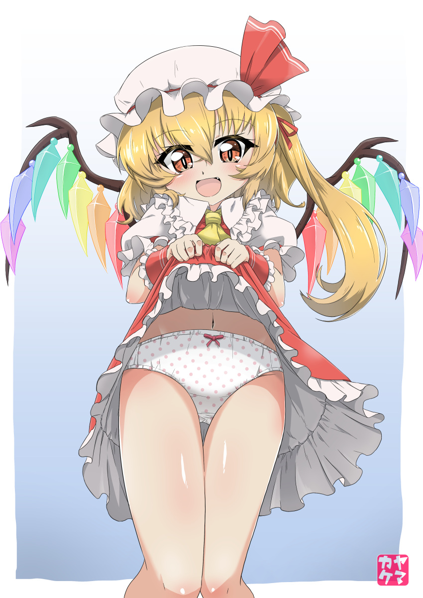 1girl :d absurdres artist_logo ascot blonde_hair blue_background bow bow_panties clothes_lift collared_shirt commission crotch_seam crystal fang flandre_scarlet frilled_cuffs frilled_skirt frilled_sleeves frills hair_ribbon hat hat_ribbon highres lifted_by_self long_hair looking_at_viewer mob_cap navel open_mouth outside_border panties polka_dot polka_dot_panties puffy_short_sleeves puffy_sleeves red_eyes red_ribbon red_skirt ribbon shirt short_sleeves side_ponytail skeb_commission skirt skirt_lift smile solo standing thigh_gap touhou underwear white_headwear white_panties white_shirt wing_collar wings yamakake_(tororo1293) yellow_ascot