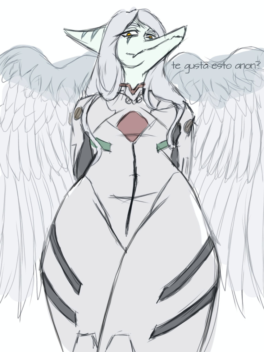 2023 3:4 amber_eyes anthro bodysuit clothing cosplay dark_rya dialogue digital_drawing_(artwork) digital_media_(artwork) dinosaur eyelashes fang_(gvh) feathered_wings feathers female goodbye_volcano_high grey_body grey_scales hair hi_res long_hair looking_at_viewer low-angle_view neon_genesis_evangelion pterodactylus pterosaur reptile scales scalie silver_hair simple_background skinsuit smile snoot_game snout solo spanish_text text tight_clothing translation_check translation_request white_background wings worm's-eye_view