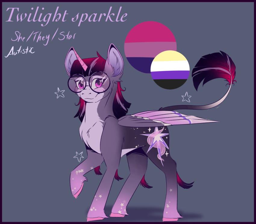 1_horn 2023 autism bangs bisexual_pride_colors black_eyewear black_glasses cutie_mark dark_hair dark_mane equid equine eyewear feathering feathers female feral fluffyfoxarts friendship_is_magic fur glasses hair hasbro hi_res hooves horn lgbt_pride looking_at_viewer mammal my_little_pony neopronouns nonbinary_(lore) nonbinary_pride_colors pink_body pink_eyes pink_feathers pink_hair pink_hooves pink_text pink_wings pride_colors pronouns purple_body purple_feathers purple_fur purple_hair purple_tail round_glasses solo tail tail_tuft text tuft twilight_sparkle_(mlp) two_tone_tail two_tone_wings unicorn_horn white_body white_fur white_tail white_text winged_unicorn wings