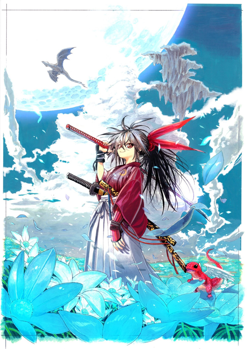 angel_wings black_hair blue_flower bow cloud cloudy_sky dragon field flower flower_field full_moon hair_bow hakama highres holding holding_sword holding_weapon isekai_samurai japanese_clothes katana kimono leaf lizard long_hair moon nagamaki night night_sky official_art red_eyes saitou1218 samurai scar scar_on_face scar_on_nose sky sword tsukitsuba_ginko weapon wings yukata