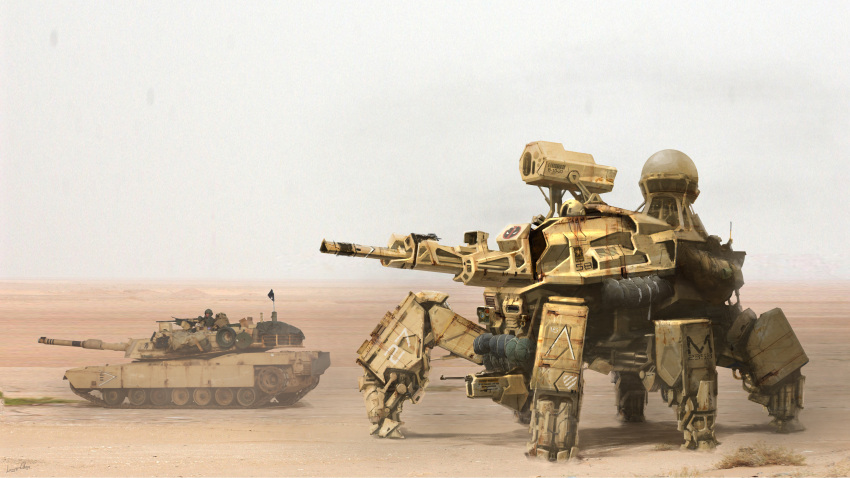 1boy absurdres cannon chenlongque concept_art desert english_commentary gun hatch highres m1_abrams machine_gun machinery mecha military military_vehicle motor_vehicle original radio_antenna real_life realistic robot sand science_fiction soldier spider_tank tank united_states_army walker_(robot) weapon