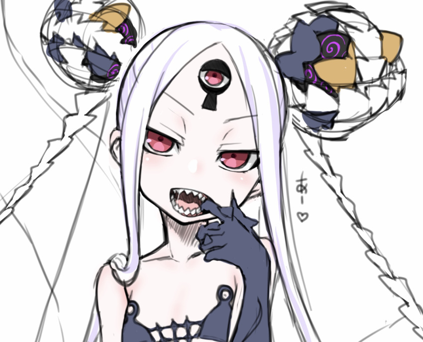 1girl abigail_williams_(fate) abigail_williams_(swimsuit_foreigner)_(fate) abigail_williams_(swimsuit_foreigner)_(first_ascension)_(fate) bikini black_bikini black_gloves blush colored_skin double_bun fate/grand_order fate_(series) finger_in_own_mouth flat_chest gloves hair_bun keyhole long_hair mouth_pull open_mouth red_eyes saliva senbei_(avocadochaya) sharp_teeth sketch smile solo swimsuit teeth third_eye upper_body white_hair white_skin