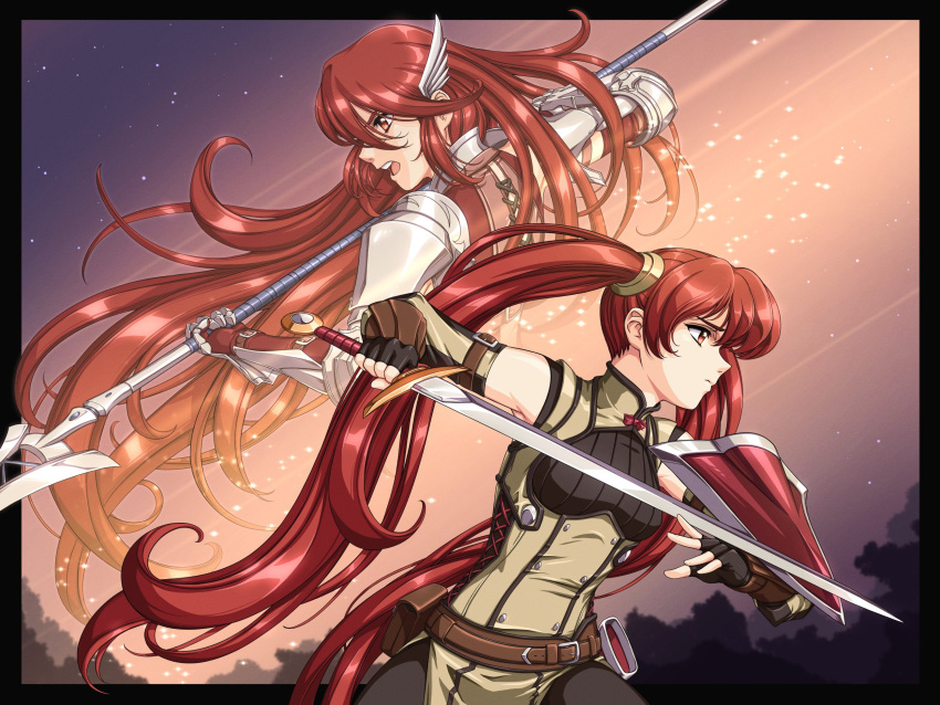 1990s_(style) 2girls armor black_border black_gloves border breasts commentary_request cordelia_(fire_emblem) detached_sleeves fingerless_gloves fire_emblem fire_emblem_awakening gloves head_wings highres holding holding_polearm holding_sword holding_weapon long_hair mother_and_daughter multiple_girls night night_sky open_mouth polearm red_eyes red_hair retro_artstyle severa_(fire_emblem) sirknightbot sky star_(sky) sword teeth twintails upper_teeth_only weapon wings