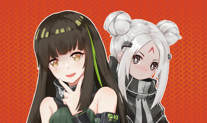 2020 2girls alternate_hairstyle black_capelet blush brown_eyes brown_hair capelet chinese_commentary closed_mouth commentary_request dark_skin double_bun elisa_(girls'_frontline) facial_mark forehead_mark girls'_frontline green_hair green_sweater hair_bun hair_ornament highres long_hair looking_at_viewer m4a1_(girls'_frontline) m4a1_(mod3)_(girls'_frontline) mask multicolored_hair multiple_girls open_mouth orange_background parted_bangs re_dmoon sangvis_ferri skull_mask sleeveless sleeveless_sweater smile streaked_hair sweater teeth upper_body upper_teeth_only v v_over_mouth white_hair