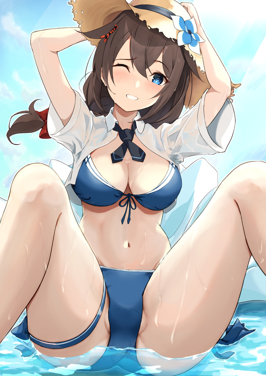 1girl absurdres bikini blue_bikini blue_eyes blush braid breasts brown_hair brown_headwear hair_between_eyes hair_flaps hat highres kantai_collection large_breasts long_hair navel official_alternate_costume one_eye_closed open_clothes open_mouth open_shirt shigure_(kancolle) shigure_kai_san_(kancolle) shirt single_braid solo straw_hat sudachineko swimsuit water white_shirt