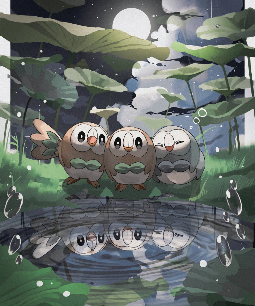 alternate_color closed_eyes cloud dew_drop full_moon highres leaf moon night open_mouth outdoors plant pokemon pokemon_(creature) reflection reflective_water reo_(mmocc123) rowlet water water_drop