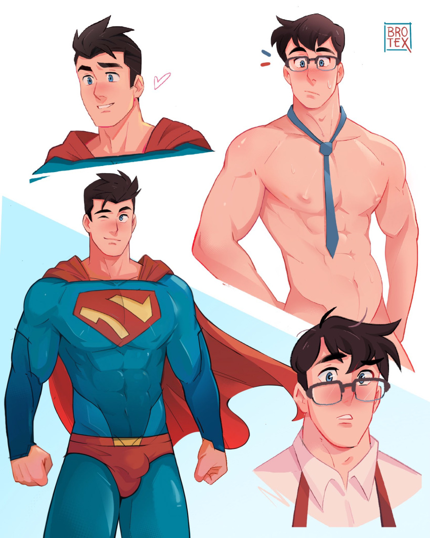 1boy abs artist_name bara black_hair blue_bodysuit blue_eyes blush bodysuit brotexbrotex cape clark_kent closed_mouth dc_comics glasses highres large_pectorals male_focus multiple_views muscular muscular_male my_adventures_with_superman naked_necktie navel necktie nipples one_eye_closed pectorals red_cape short_hair smile superman superman_(series) undone_necktie