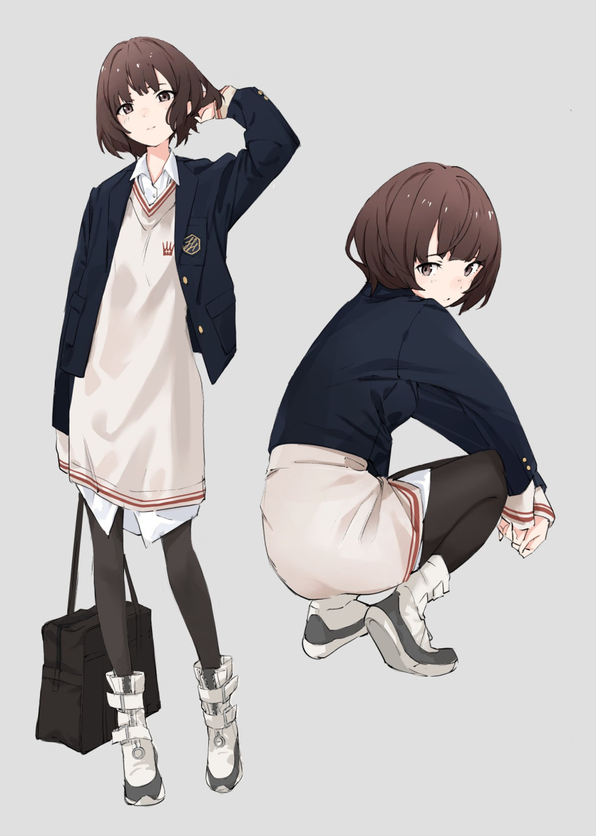 1girl adjusting_hair arm_up bag black_bag black_jacket black_leggings black_shirt boots brown_eyes brown_hair closed_mouth collared_shirt grey_background highres holding holding_bag jacket leggings light_smile logo long_sleeves looking_at_viewer multiple_views original popman3580 school_bag school_uniform shirt short_hair simple_background skirt squatting standing white_footwear white_skirt