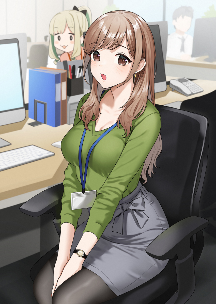 1boy 2girls :3 akaori_umeka between_legs black_bow black_pantyhose blush bow breasts brown_eyes brown_hair chair cleavage commentary_request computer doushimasho earrings faceless faceless_male green_shirt grey_skirt hair_bow hair_over_shoulder hand_between_legs highres id_card indoors jewelry keyboard_(computer) lanyard large_breasts long_hair long_sleeves looking_at_viewer mikan_sawamoto mole mole_under_mouth monitor mouse_(computer) multiple_girls office office_chair office_lady open_mouth original pantyhose pencil_skirt phone ponytail shirt shirt_tucked_in sidelocks sitting skirt solo_focus swept_bangs swivel_chair tongue tongue_out v-neck watch wristwatch