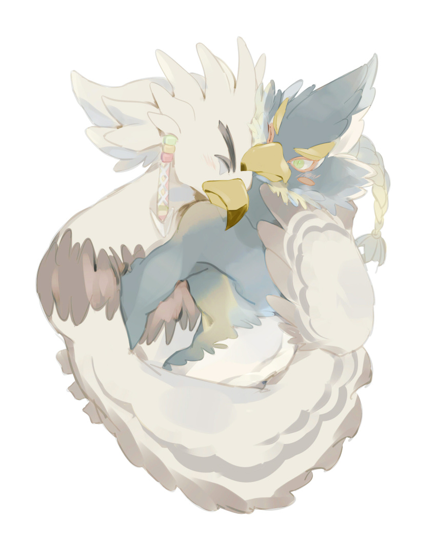 anthro avian bird blue_body blue_feathers braided_hair breath_of_the_wild coni_coooo duo embrace feathers hair hi_res hug hugging_from_behind male male/male nintendo nuzzling revali rito teba_(tloz) the_legend_of_zelda white_body white_feathers