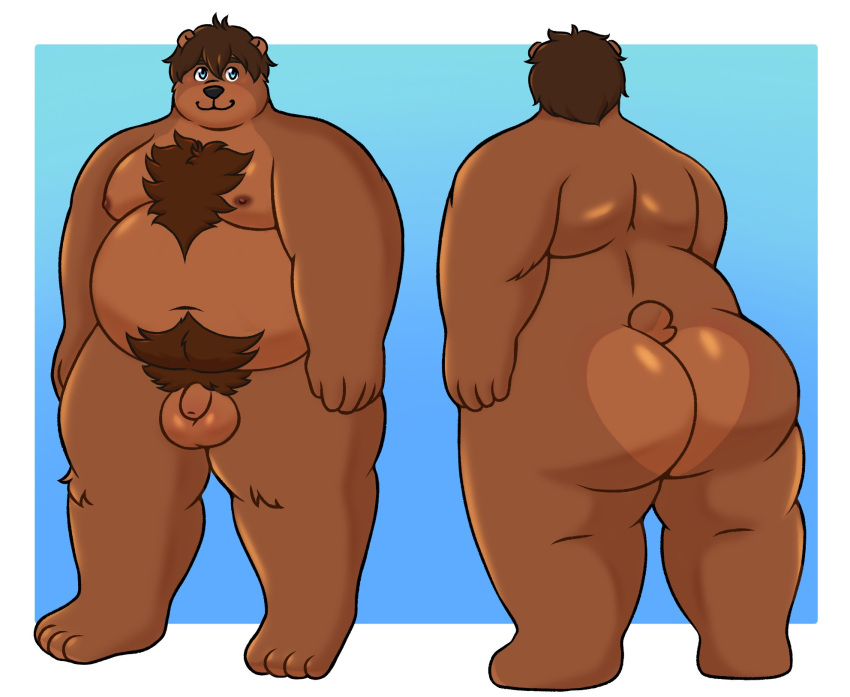 anthro balls bear big_balls big_butt blue_eyes body_hair brown_body brown_fur brown_hair butt chest_hair chubby_anthro chubby_male feet fur genitals hair hi_res humanoid kai_lionbear male mammal nipples nude overweight overweight_anthro overweight_male penis pubes short_hair solo tail toes