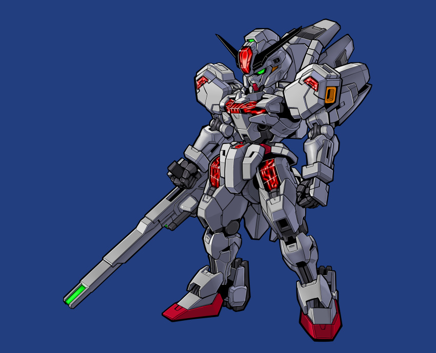 absurdres beam_cannon blue_background chibi english_commentary full_body glowing green_eyes gundam gundam_calibarn gundam_suisei_no_majo highres holding holding_cannon holding_weapon mecha mobile_suit no_humans rence robot sd_gundam solo standing thrusters v-fin weapon