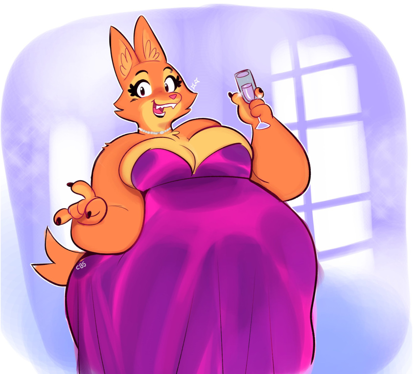 anthro belly beverage big_belly big_breasts breasts canid canine cleavage clothed clothing diane_foxington dreamworks dress eyebrow_piercing eyelashes facial_piercing female fox hi_res holding_beverage holding_object looking_at_viewer mammal open_mouth overweight overweight_anthro overweight_female paulmcbuzz piercing purple_clothing purple_dress sharp_teeth signature solo teeth the_bad_guys window