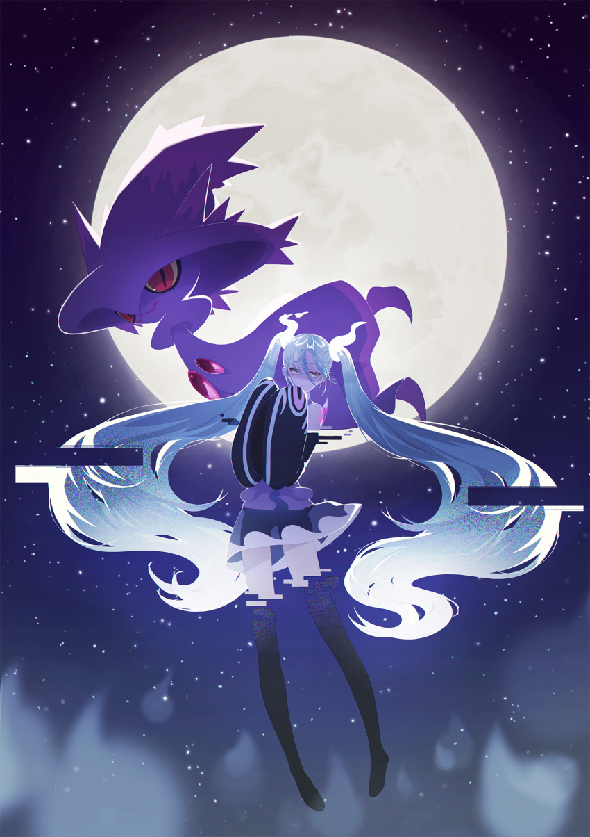 1girl aqua_hair black_thighhighs detached_sleeves floating full_moon ghost ghost_miku_(project_voltage) glitch gradient_hair hair_between_eyes hatsune_miku highres long_hair looking_at_viewer mismagius moon multicolored_hair night night_sky pokemon pokemon_(creature) project_voltage see-through see-through_skirt skirt sky sleeves_past_fingers sleeves_past_wrists thighhighs twintails very_long_hair vocaloid will-o'-the-wisp_(mythology) yellow_eyes yo_(user_pytw8752)