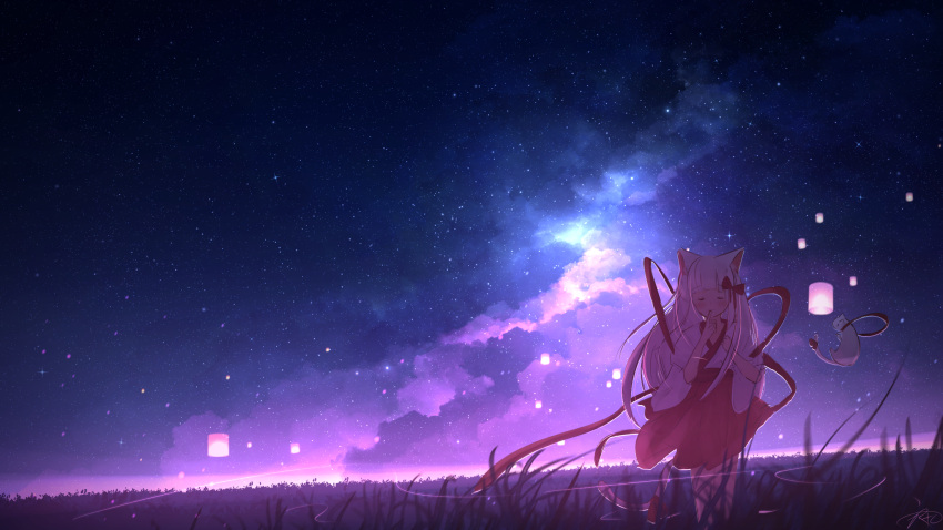 1girl animal_ears cat cat_ears cat_girl cat_tail closed_eyes closed_mouth field floating highres japanese_clothes lantern long_hair night night_sky original paper_lantern rune_xiao scenery sky sky_lantern solo star_(sky) starry_sky tail white_hair