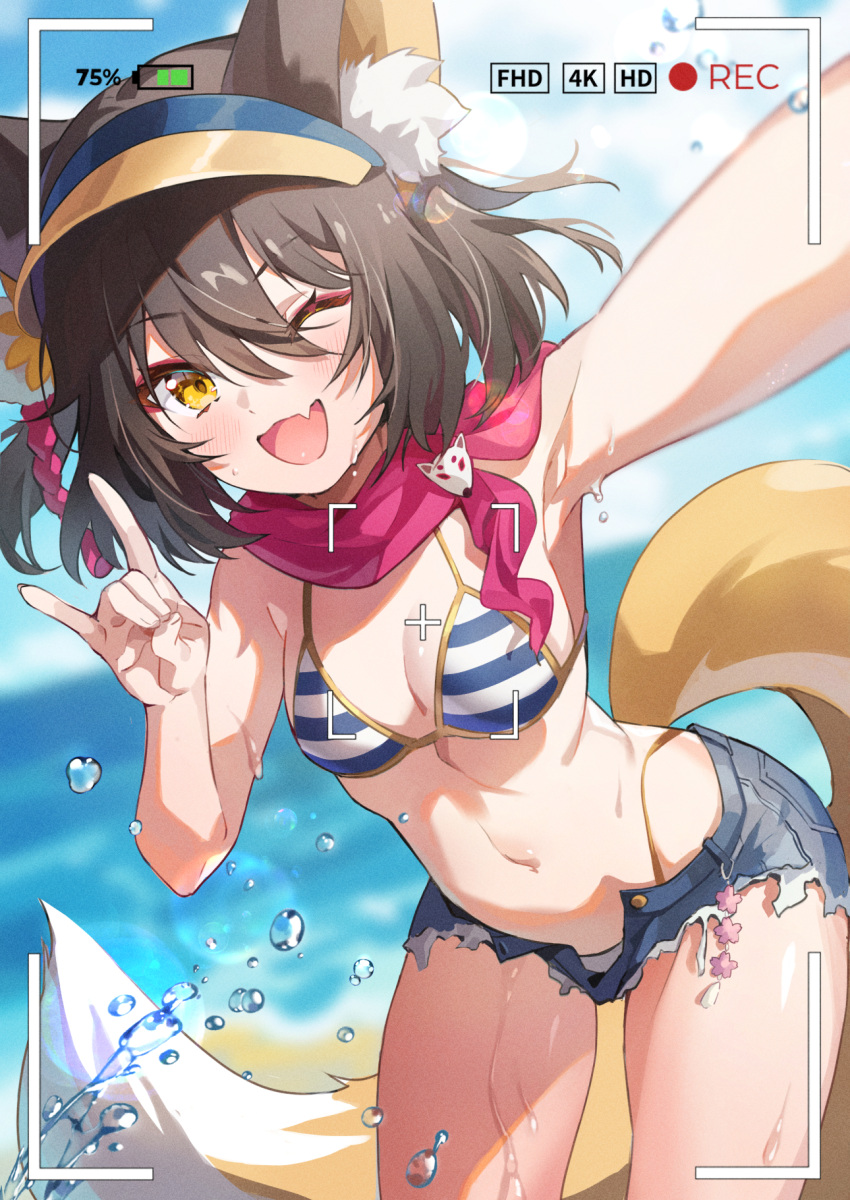1girl ;d animal_ear_fluff animal_ears beach bikini blue_archive blue_shorts blue_sky breasts brown_hair cloud commentary_request day fox_ears fox_girl fox_shadow_puppet fox_tail highres hoshiko_(419401x) izuna_(blue_archive) izuna_(swimsuit)_(blue_archive) looking_at_viewer medium_breasts navel official_alternate_costume one_eye_closed outdoors recording selfie short_hair shorts sky smile solo standing striped striped_bikini swimsuit tail torn_clothes torn_shorts visor_cap wet