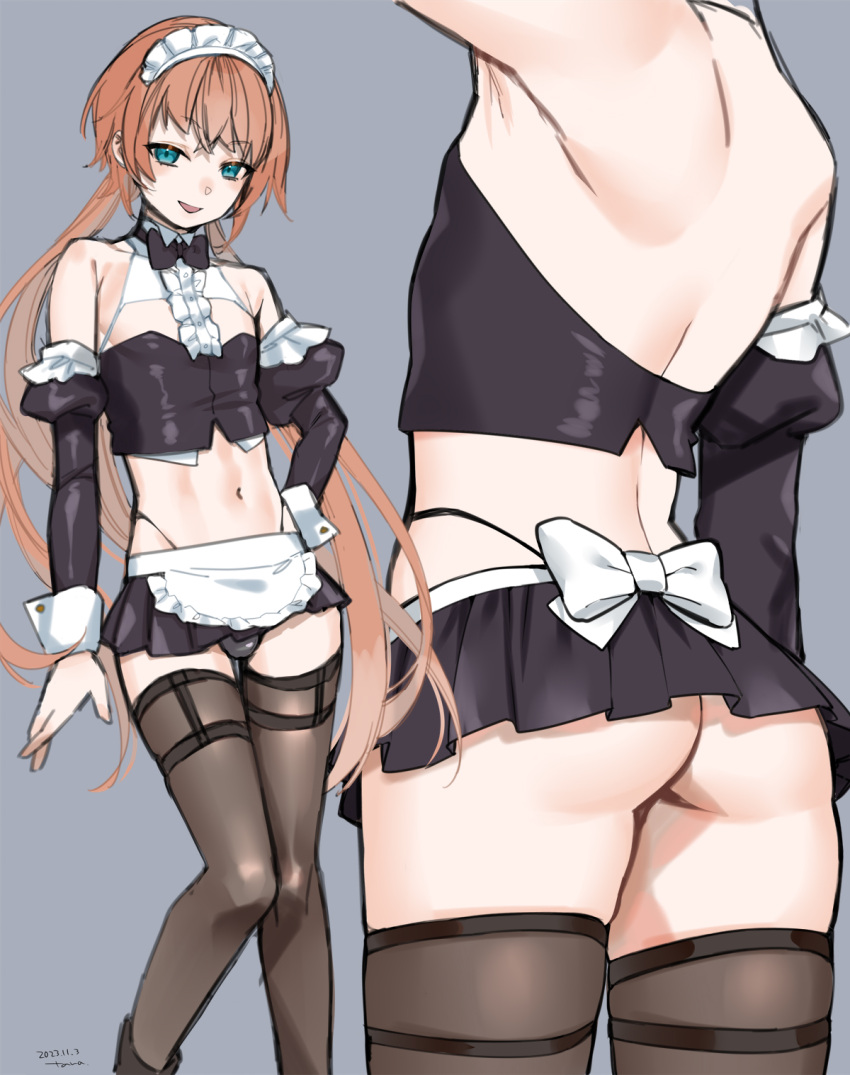 1boy arm_at_side artist_name ass back bare_shoulders black_bow black_bowtie black_panties black_skirt blue_eyes bow bowtie brown_hair commentary_request copyright_request dated detached_sleeves grey_background grey_thighhighs hand_on_own_hip highres long_hair long_sleeves looking_at_viewer maid_headdress male_focus microskirt midriff multiple_views navel otoko_no_ko panties panty_straps pantyshot puffy_detached_sleeves puffy_sleeves signature simple_background skirt tawapo thighhighs thong traditional_bowtie underwear white_bow