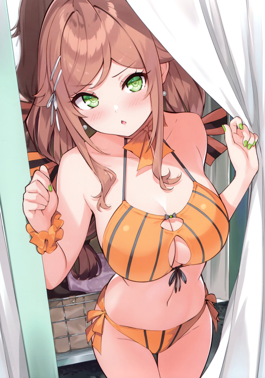 1girl absurdres bare_shoulders blush bow bowtie breasts brown_hair changing_room cleavage curtains earrings fingernails green_eyes hair_ornament hairclip hands_up highres hisen_kaede jewelry long_hair looking_at_viewer medium_breasts nail_polish navel original parted_lips scan scrunchie simple_background solo stomach striped swimsuit tojo_senri_(hisen_kaede) vertical_stripes wrist_scrunchie