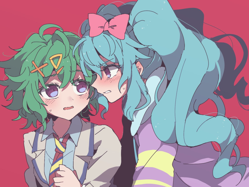 2girls angry blue_hair blush bow collared_shirt commentary_request drill_hair dual_persona green_hair grey_jacket grey_shirt hair_between_eyes hair_bow hair_ornament hood hoodie idol_land_pripara jacket katasumi_amari long_hair long_sleeves looking_at_another messy_hair multiple_girls necktie nojima_minami open_mouth pink_background pink_bow pretty_(series) pripara purple_eyes purple_hoodie red_background school_uniform shirt short_hair simple_background striped_necktie sweatdrop triangle_hair_ornament twin_drills twintails very_long_hair wavy_mouth x_hair_ornament