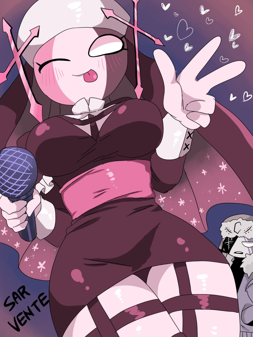breasts colored_skin cross dress friday_night_funkin' heart highres medium_breasts microphone mkcomvftg123 nun pink_skin ruvyzvat_(friday_night_funkin') sarvente_(friday_night_funkin') short_dress thick_thighs thighs tongue tongue_out v white_eyes