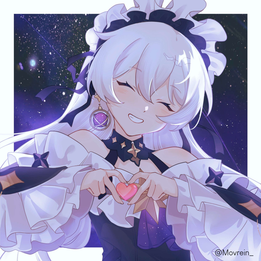 1girl ^_^ absurdres bare_shoulders black_dress blush closed_eyes commentary dress earrings english_commentary grin hair_between_eyes heart heart_hands highres honkai_(series) honkai_impact_3rd jewelry long_hair long_sleeves movrein night night_sky off-shoulder_dress off_shoulder sky sleeves_past_wrists smile solo star_(sky) starry_sky theresa_apocalypse theresa_apocalypse_(celestial_hymn) upper_body white_hair wide_sleeves
