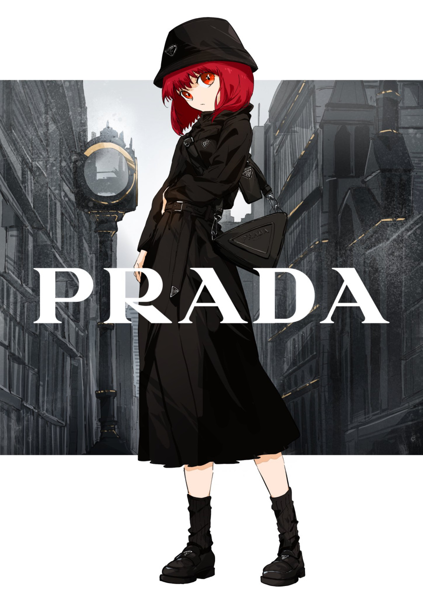 1girl arima_kana black_bag black_dress black_footwear black_headwear black_jacket black_shirt black_socks bob_cut building closed_mouth dress fashion full_body hat highres inverted_bob jacket looking_at_viewer oshi_no_ko red_eyes red_hair shirt short_hair socks solo t.k.c